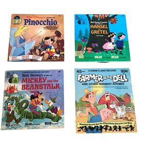 Disneyland Vinyl Records W/ Books Pinocchio Hanzel Gretel Beanstock Farmer Dell